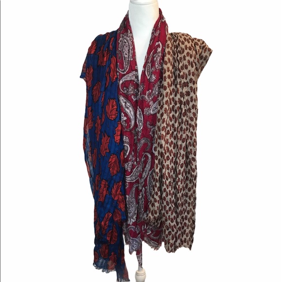 LOFT Accessories - Set of 3 Scarves Leaves Paisley Red, Blue, Tan